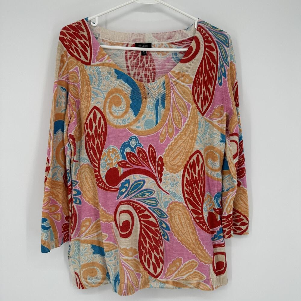 Talbots Sweater Womens Medium Multicolor Paisley Print 100% Cotton Pullover Top